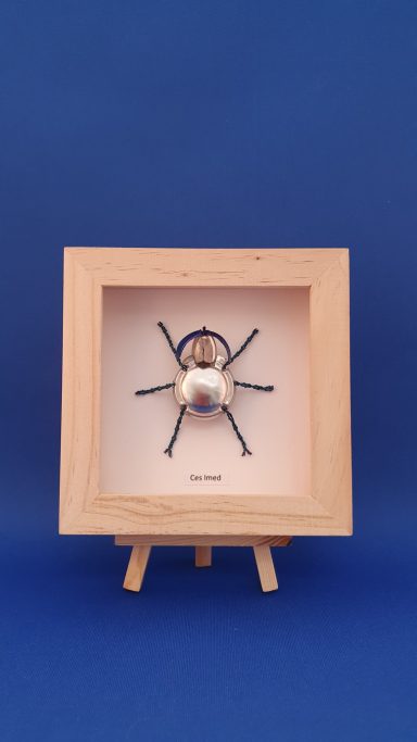 kever gemaakt van een champagne dop in een klein houten lijstje op een off-white achtergrond