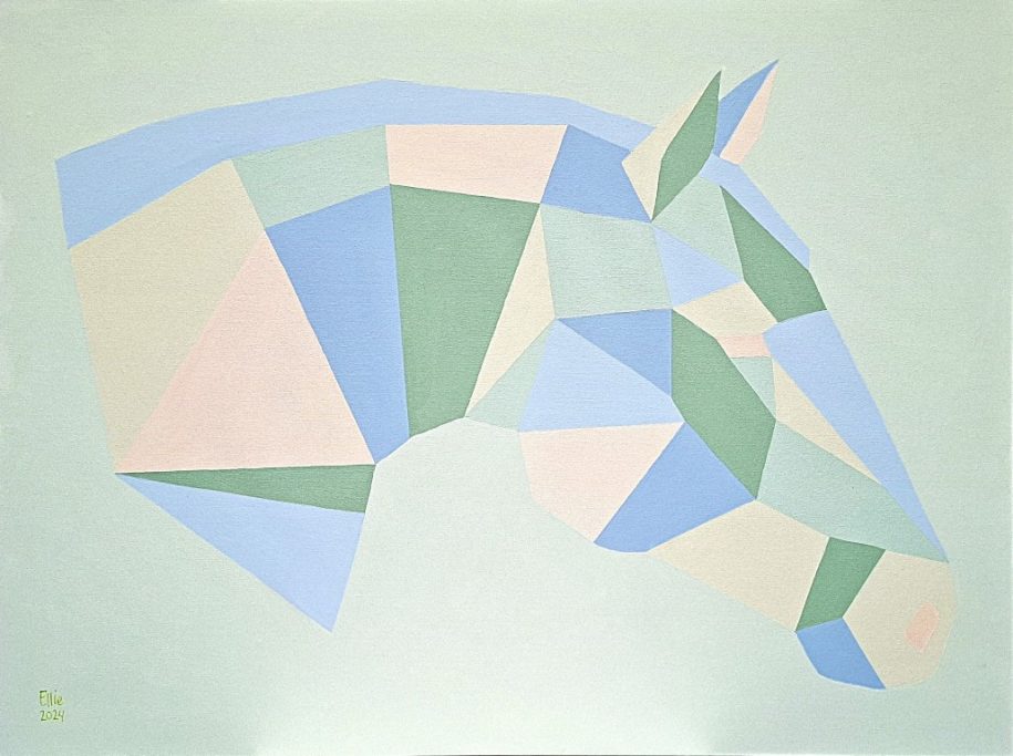Geometrisch geschilderd paardenhoofd en nek, en profil in mint, beige, zachtgroen en blauwe tinten, kijkt naar rechts
