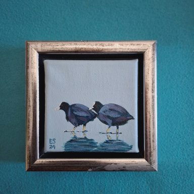 2 meerkoeten op een lichtblauwe achtergrond die naar links lopen